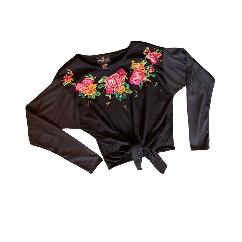 Carole Little Top Womens Size S Black Floral Embroidered Pullover Long Sleeve